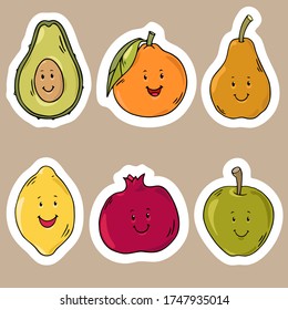 Cute colorful smiling summer fruit stickers. Happy fruit and vegetables cartoon characters concept.