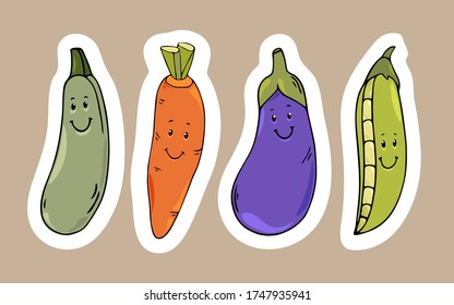 Cute Colorful Smiling Veggies Stickers. Happy Fruit And Vegetables Cartoon Characters Concept.