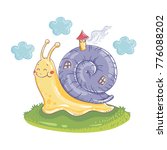 Cute colorful snail with shell house on the grass field under the blue clouds. Cute vector illustration isolated on white background