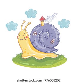 Cute colorful snail with shell house on the grass field under the blue clouds. Cute vector illustration isolated on white background