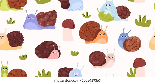 Cute colorful snails with expressive eyes and different shell patterns in a seamless vector illustration set. The snails are surrounded by grass and mushrooms, creating a whimsical and playful design.