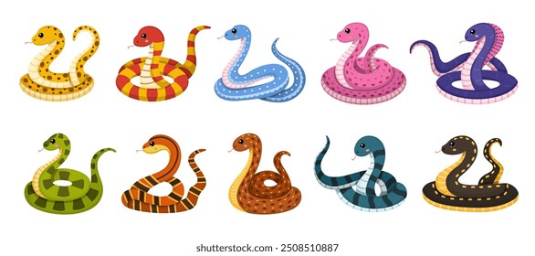 Conjunto de cobras coloridas bonitas. Répteis sufocantes. Símbolo de Ano Novo Chinês. Personagens de cobra engraçada em poses diferentes isolados sobre fundo branco. Ilustração vetorial para cartão, adesivo, calendário.