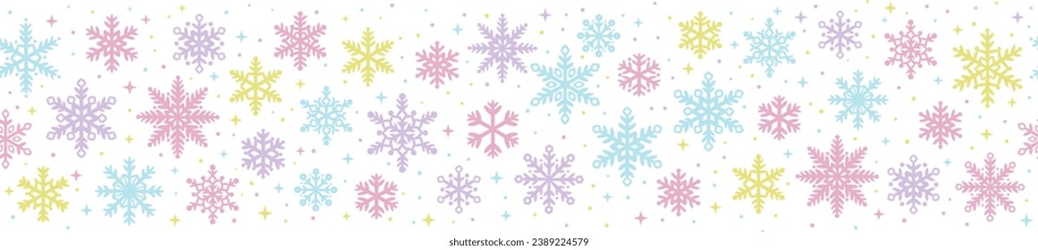 Borde vectorial de copo de nieve de color, decoración de vacaciones de invierno, arte clip aislado, diseño de banners de repetición sin fisuras