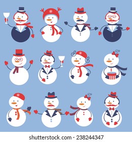 A cute colorful snowmen collection. Vector illustratiomn