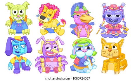 Cute colorful soft plush animal toys set of vector Illustrations