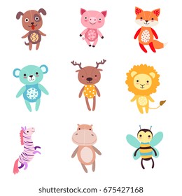 Cute Colorful Soft Plush Animal Toys Set Of Vector Illustrations