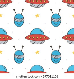 Cute and colorful space doodles seamless pattern background with aliens and flying saucers.