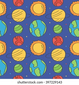 Cute and colorful space doodles seamless pattern background with stars and planets.
