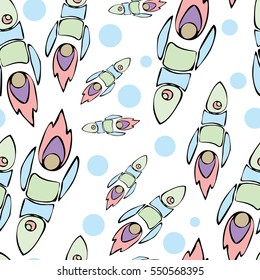 Cute and colorful space seamless pattern background with rockets.