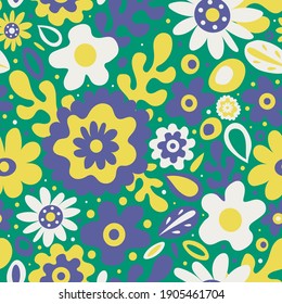 Cute and colorful spring 60s style pattern with graphic flowers, leaves and dots on turquoise background. Funky and bright floral print, retro style 