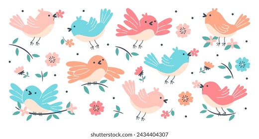 Cute colorful spring birds flying, tweeting surrounded with floral design elements set vector illustration. Birdie garden inhabitant collection with decorative flower blossoms and plant twigs
