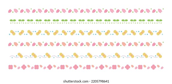 Cute and colorful spring concept design deco pattern border. Repeating lines of flowers, butterflies, cherry blossoms and buds.