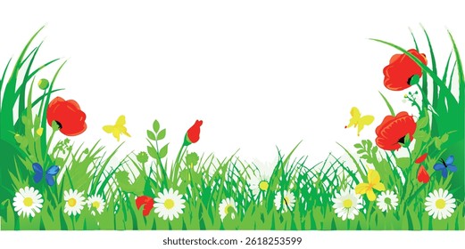 Cute and colorful spring flowers in green grass. Vector illustration on white background, perfect for headers, footers, banners, or flower bed graphics.