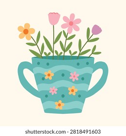 Cute colorful spring flowers in vase vector illustration, hand drawn blooming floral bouquet in teal two handled pot isolated for spring home decor and greeting cards