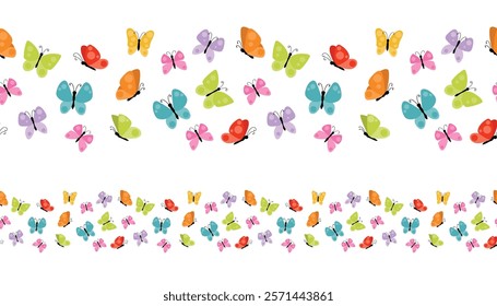 Cute colorful spring or summer butterflies seamless border isolated on white background. Summer flying insects design element. 