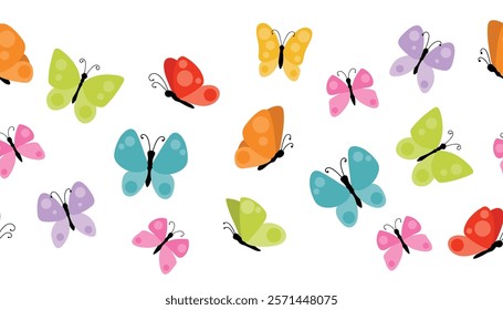 Cute colorful spring or summer butterflies seamless border isolated on white background. Summer flying insects design element. 