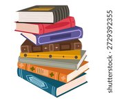 Cute colorful stack of books. Pile of books in an educational theme with scientific and fiction literature. Learning and reading concept. Flat vector illustration isolated on white background.