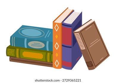 Pilha de livros coloridos fofos. Pilha de livros em um tema educacional com literatura científica e de ficção. Conceito de aprendizagem e leitura. Ilustração vetorial plana isolada no fundo branco.
