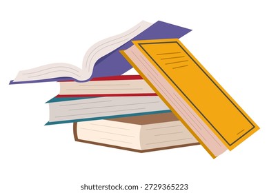 Linda pila de libros de colores. Pila de libros en un tema educativo con literatura científica y de ficción. Concepto de aprendizaje y lectura. Ilustración vectorial plana aislada sobre fondo blanco.