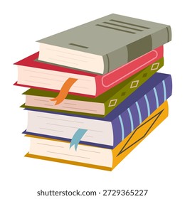 Pilha de livros coloridos fofos. Pilha de livros em um tema educacional com literatura científica e de ficção. Conceito de aprendizagem e leitura. Ilustração vetorial plana isolada no fundo branco.