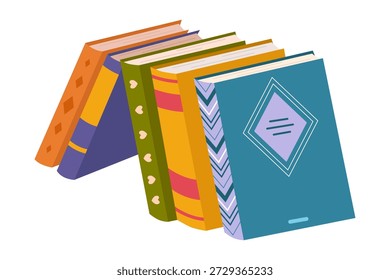 Pilha de livros coloridos fofos. Pilha de livros em um tema educacional com literatura científica e de ficção. Conceito de aprendizagem e leitura. Ilustração vetorial plana isolada no fundo branco.