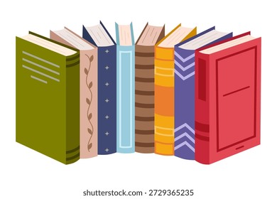 Pilha de livros coloridos fofos. Pilha de livros em um tema educacional com literatura científica e de ficção. Conceito de aprendizagem e leitura. Ilustração vetorial plana isolada no fundo branco.