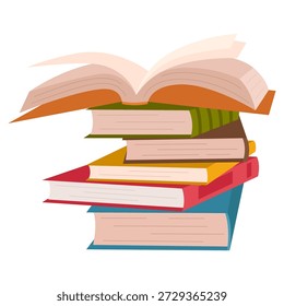 Pilha de livros coloridos fofos. Pilha de livros em um tema educacional com literatura científica e de ficção. Conceito de aprendizagem e leitura. Ilustração vetorial plana isolada no fundo branco.