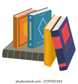 Pilha de livros coloridos fofos. Pilha de livros em um tema educacional com literatura científica e de ficção. Conceito de aprendizagem e leitura. Ilustração vetorial plana isolada no fundo branco.