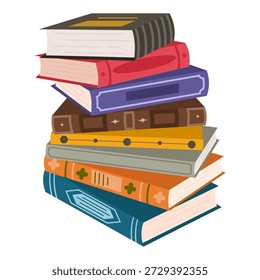 Pilha de livros coloridos fofos. Pilha de livros em um tema educacional com literatura científica e de ficção. Conceito de aprendizagem e leitura. Ilustração vetorial plana isolada no fundo branco.