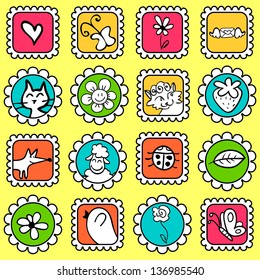 Cute colorful stamps with various drawings