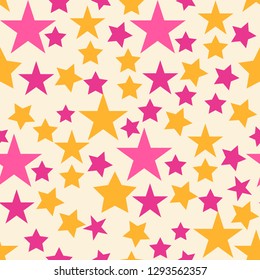 Cute colorful star seamless pattern on beige. Funny festive background, wrapping paper. Vector illustration.  