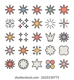 Cute, Colorful Star and Sparkle Icons Set for Design