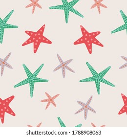 Cute colorful starfish hand drawn illustration seamless patterm  on beige background for greeting card, fashion print and wrapping paper