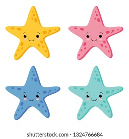 Cute Colorful Starfish Set in White Background. Vector Illustration