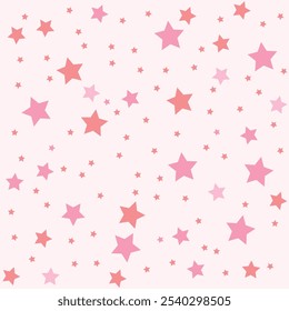 Estrellas y puntos coloridos lindos patrones de Vector sin costuras. Estrellas diminutas aisladas sobre fondo rosa. Diseño de cielo infantil simple de color rosa pastel claro. Delicada impresión de Vector punteado perfecto para tela, tarjeta, moc