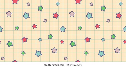 Estrellas coloridas lindas en el azulejo amarillo del patrón del Vector inconsútil del fondo a cuadros. Funda y estampado textil infantil