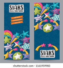 Cute colorful stars vertical banner set. Cute header for menu, advertisement, web page. Baby and children design concept. Vector illustration.