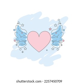 cute colorful sticker heart with wings and stars. vector illustration isolated on white and blue background