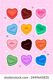 Cute and colorful sticker set of heart shaped cakes. Vector flat illustration of astrology zodiac signs cakes