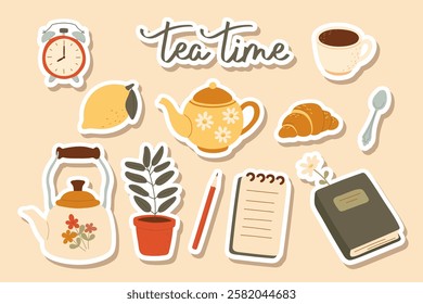 Cute colorful stickers, hand-drawn. Tea set. Tea time.