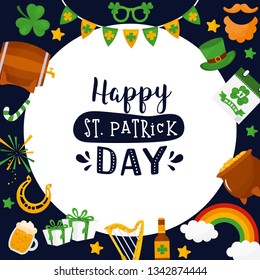 Cute colorful St.Patrick's day background. Happy St. Patrick's Day letters on white background. Beard, pot with gold, beer, rainbow, leprechaun hat icons. Creative holiday frame.