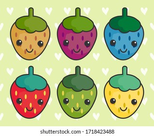 Cute colorful strawberry, isolated on green background. Strawberry flat icon. 