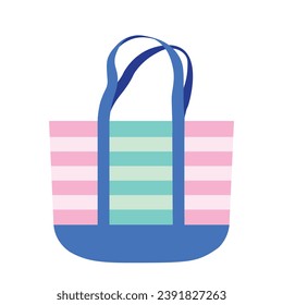 Cute colorful striped beach bag flat vector. Tote bag. Item for the beach, summer vacation, summer time.  Accessories for women.