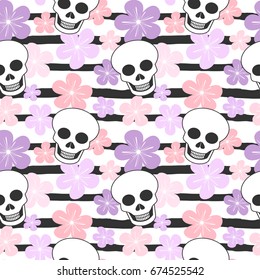 cute colorful striped seamless vector pattern background illustration with skulls and flowers