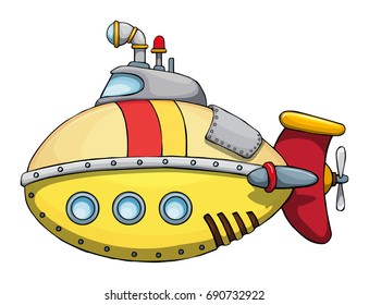 Cute colorful submarine, isolated on white, vector illustration