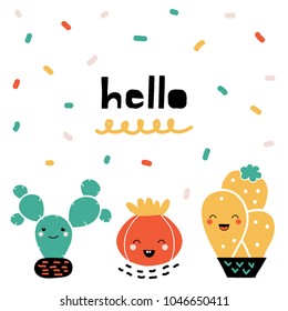 Cute colorful succulents and cacti plants with happy faces. Vector funny card with  hand drawn doodle cartoon cactus and 'hello" word