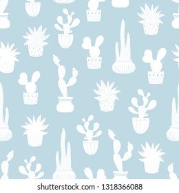 Cute colorful succulents in pots outlined seamless pattern. Vector illustration