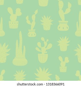Cute colorful succulents in pots outlined seamless pattern. Vector illustration