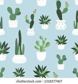 Cute colorful succulents in pots seamless pattern. Vector illustration