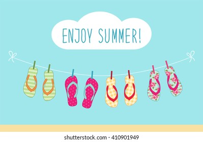 Cute colorful summer banner with flip flops hanging on the rope